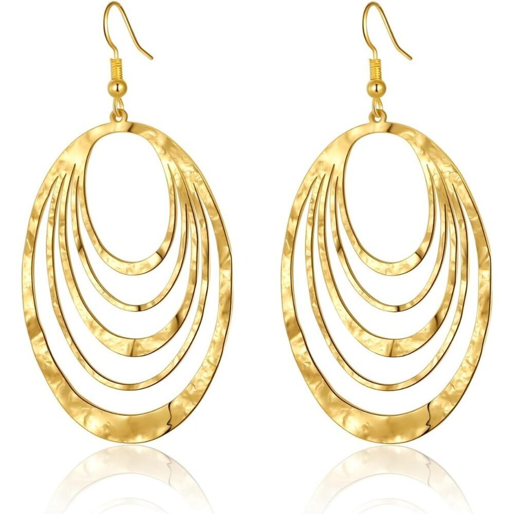 Big Gold Hollow Out Boho Geometric Hook Statement Gold Oval 2 Dangle Earrings